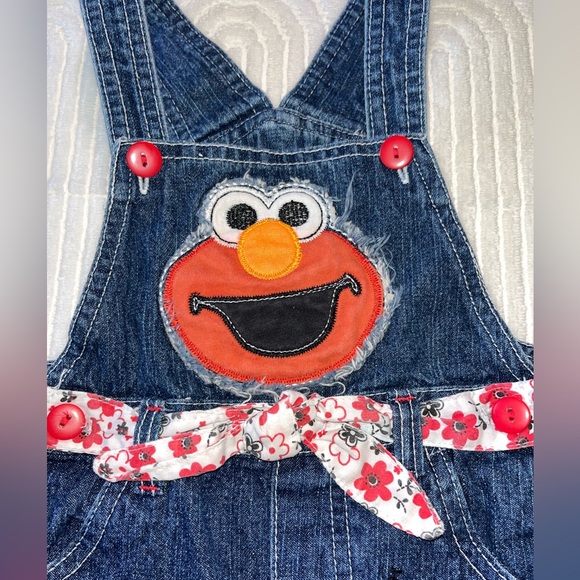 Seasame Street Elmo overalls shortalls denim embroidered ruffle flower Y2K 18 m - Picture 4 of 6